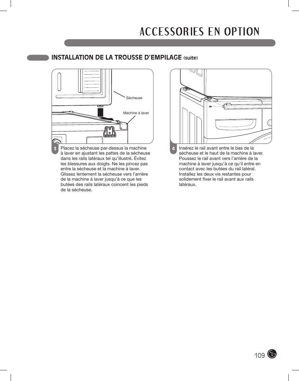 Installation de la trousse d’empilage | LG DLE2101W User Manual | Page 109 / 112