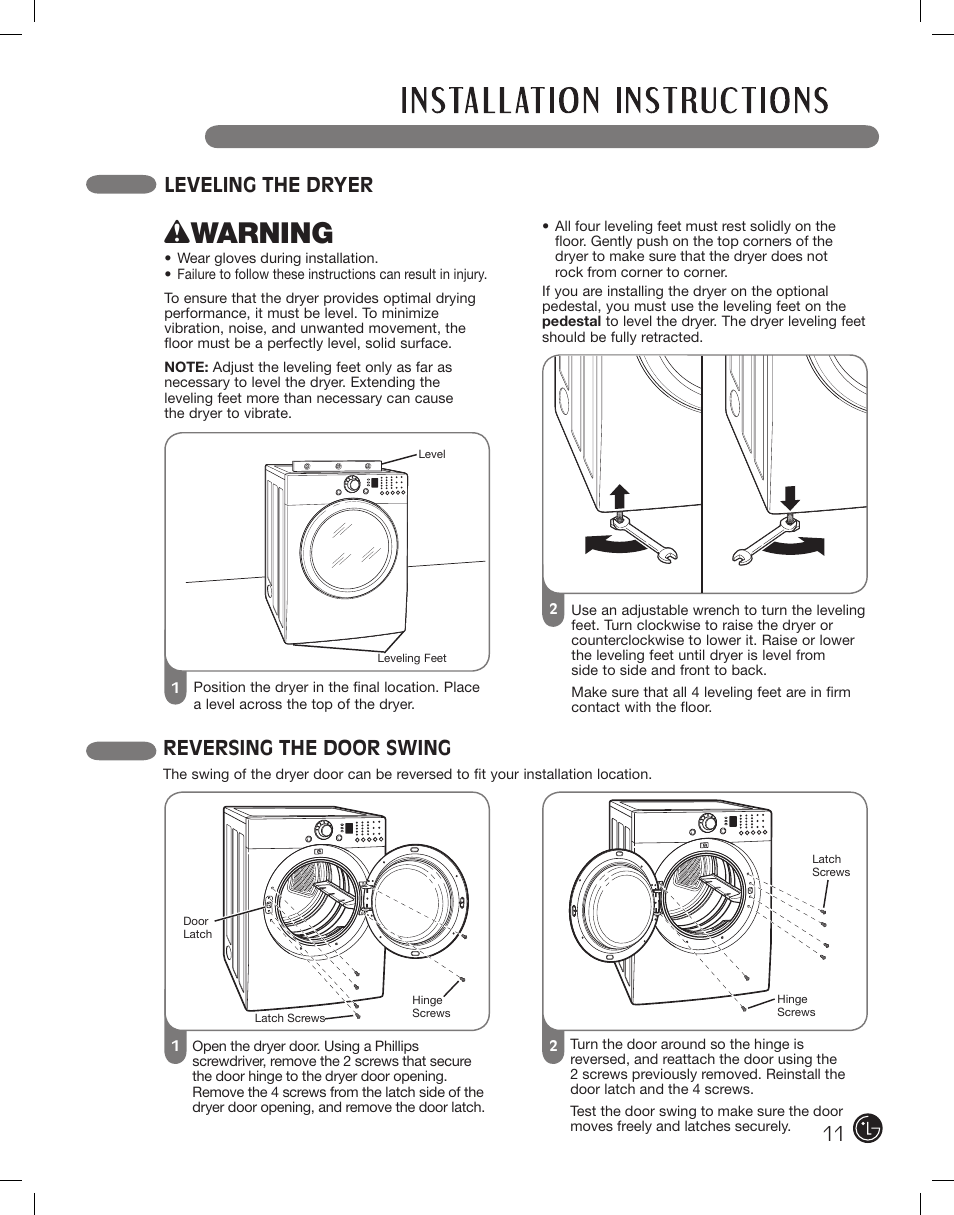 Wwarning, Reversing the door swing, Leveling the dryer | LG DLE2101W User Manual | Page 11 / 112
