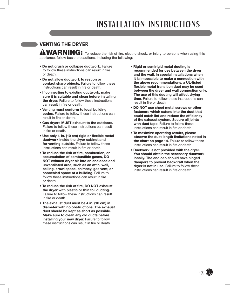 Wwarning, Venting the dryer | LG DLE2101W User Manual | Page 13 / 112