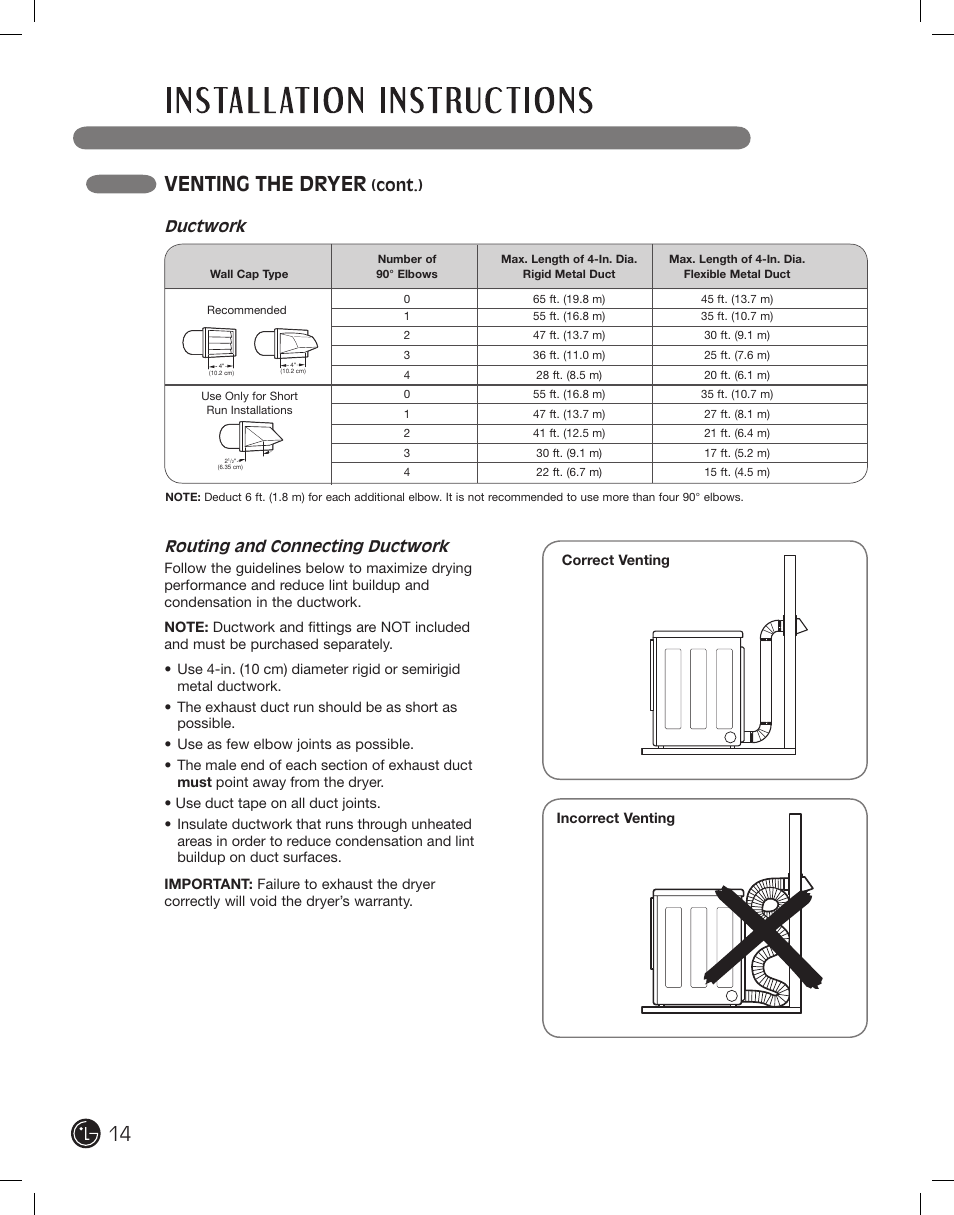 Venting the dryer, Routing and connecting ductwork, Ductwork | Cont.) | LG DLE2101W User Manual | Page 14 / 112