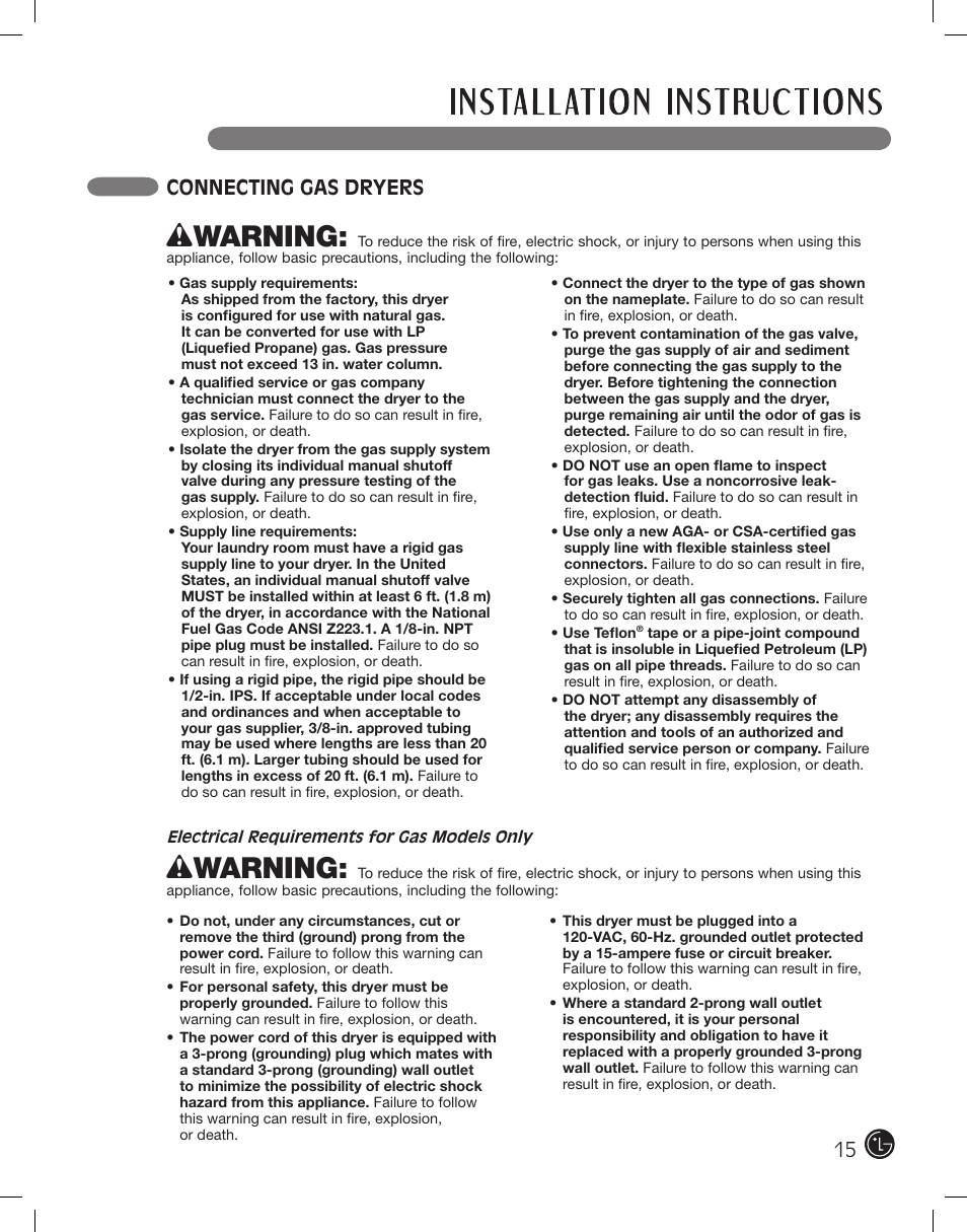 Wwarning, 1 connecting gas dryers | LG DLE2101W User Manual | Page 15 / 112
