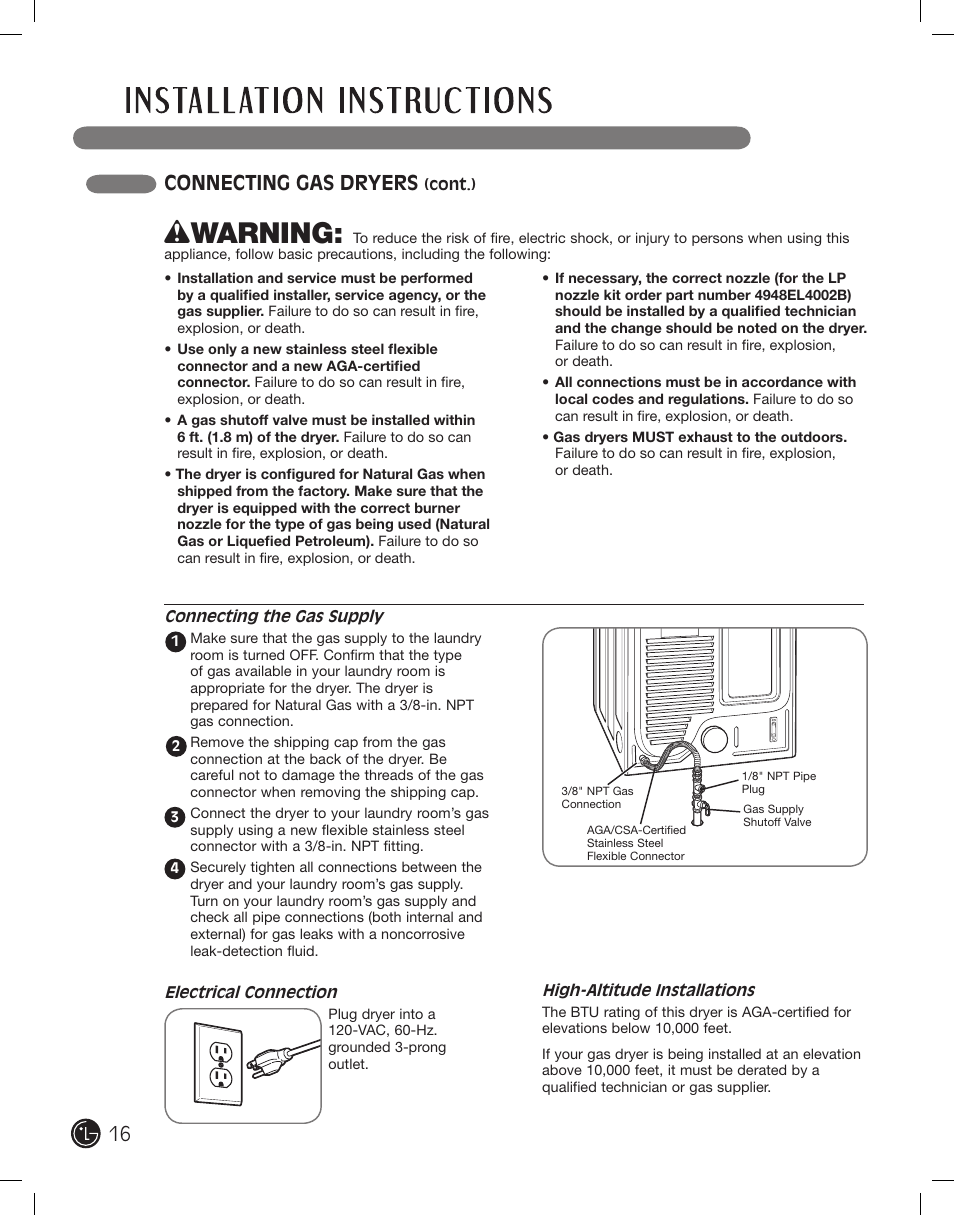 Wwarning, Connecting gas dryers | LG DLE2101W User Manual | Page 16 / 112