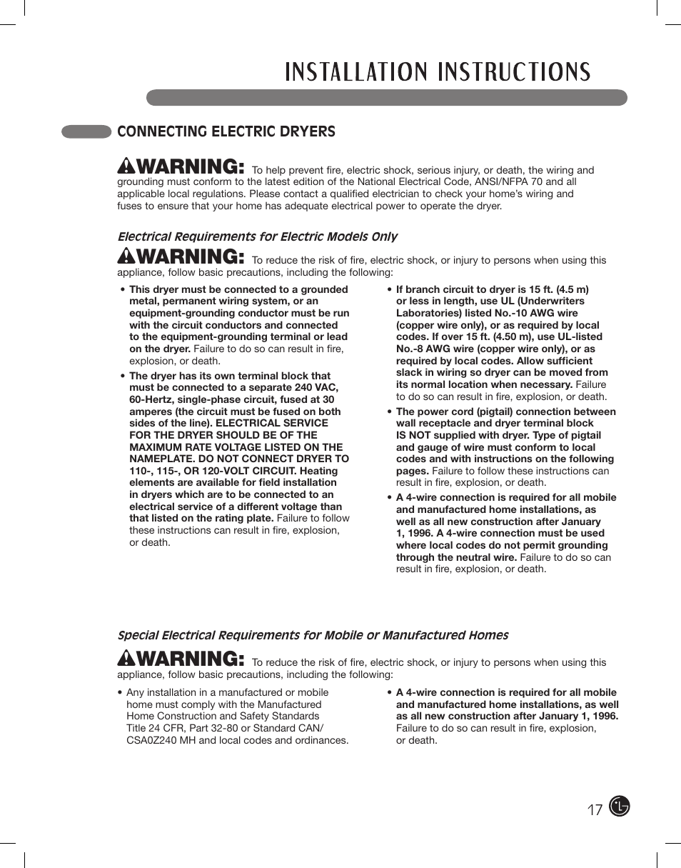 Wwarning, Connecting electric dryers | LG DLE2101W User Manual | Page 17 / 112