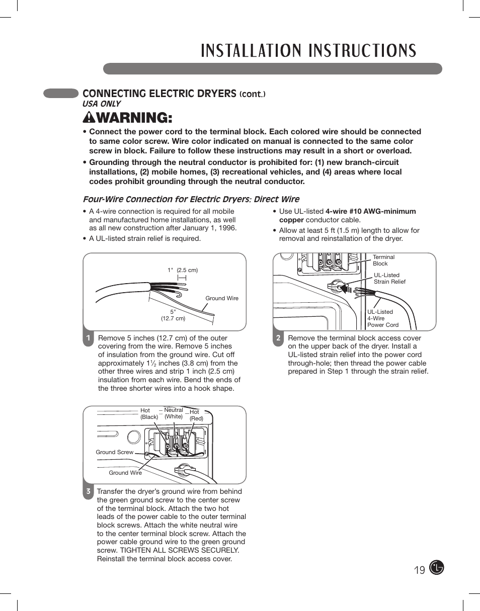 Wwarning, Connecting electric dryers | LG DLE2101W User Manual | Page 19 / 112