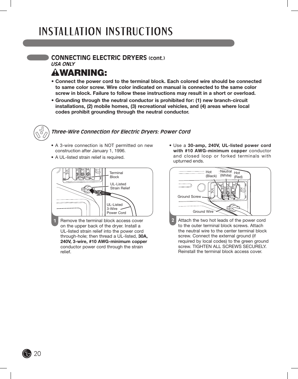 Wwarning, Connecting electric dryers | LG DLE2101W User Manual | Page 20 / 112