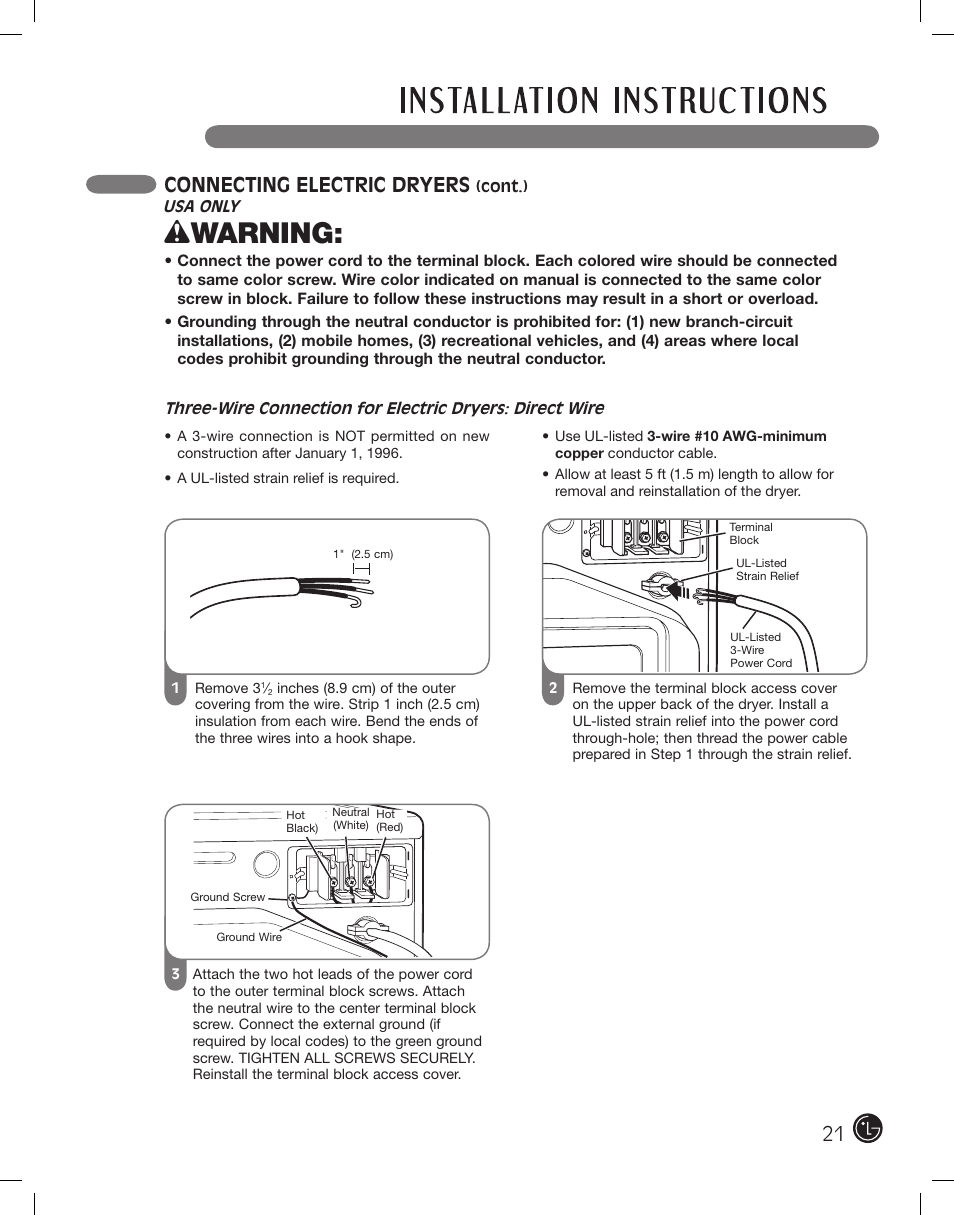 Wwarning, Connecting electric dryers | LG DLE2101W User Manual | Page 21 / 112
