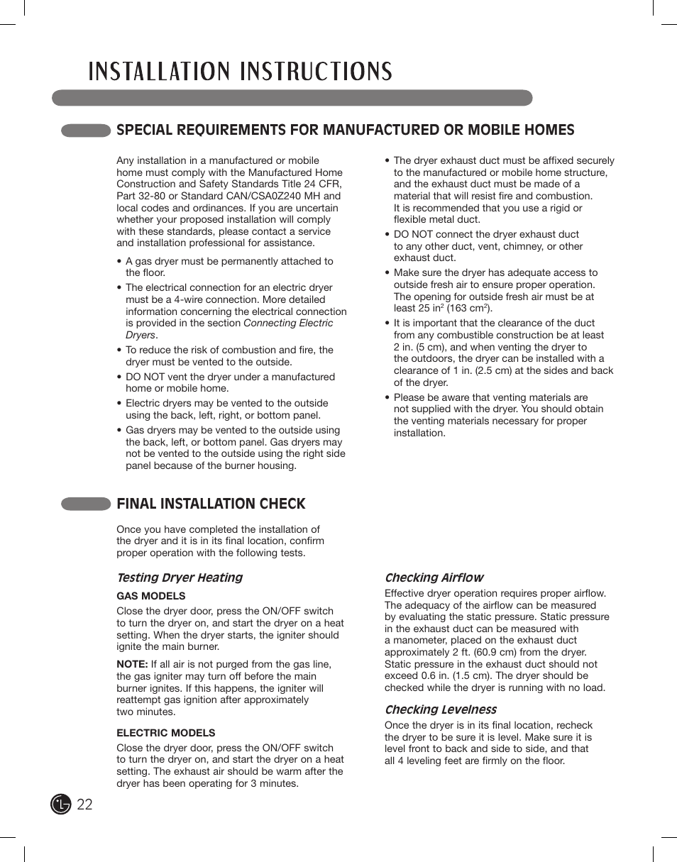 Final installation check | LG DLE2101W User Manual | Page 22 / 112