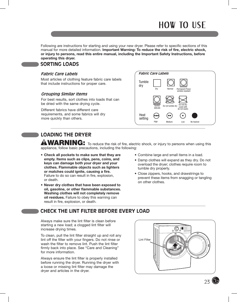 Wwarning, Sorting loads, Check the lint filter before every load | Loading the dryer | LG DLE2101W User Manual | Page 23 / 112