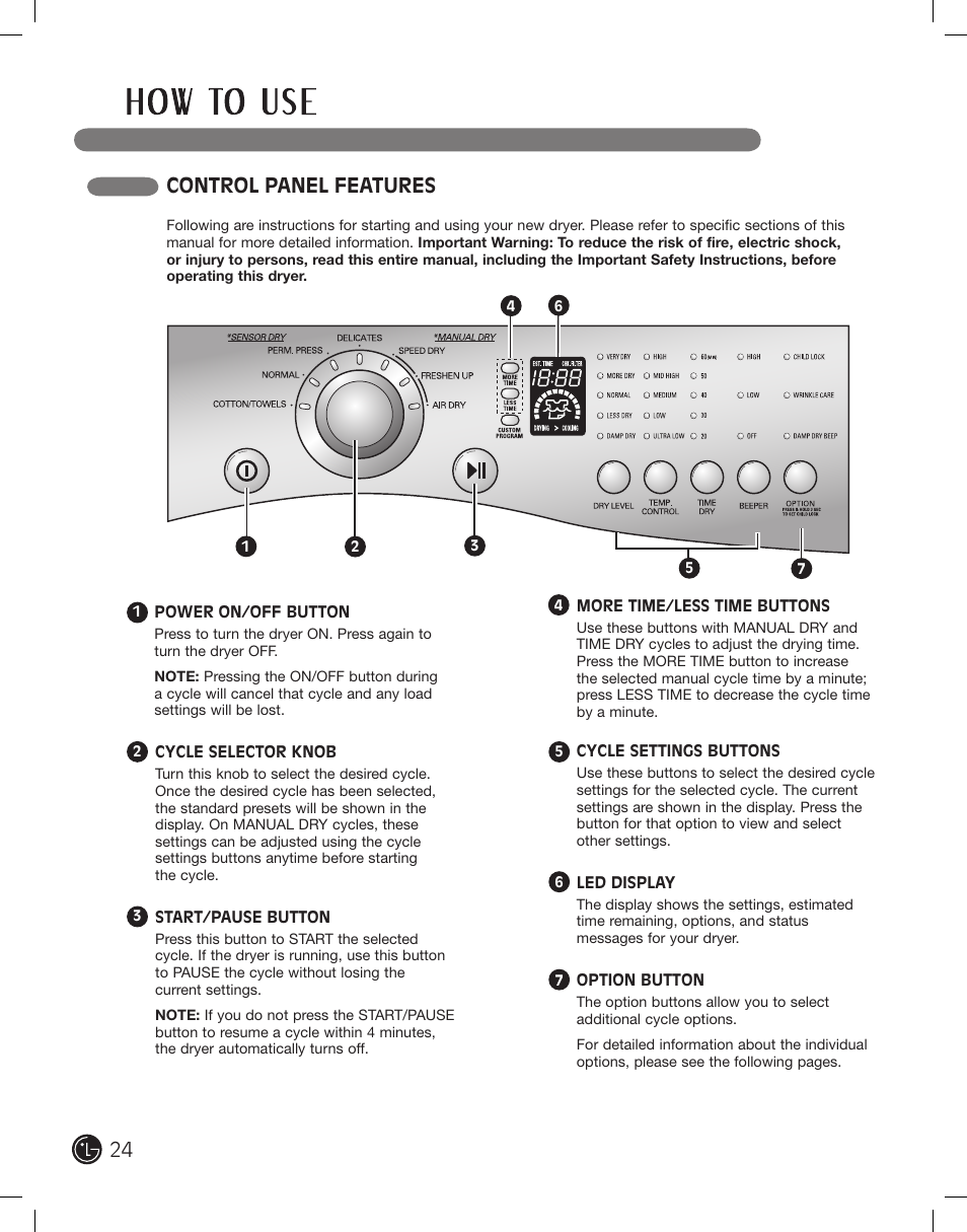 Control panel features | LG DLE2101W User Manual | Page 24 / 112