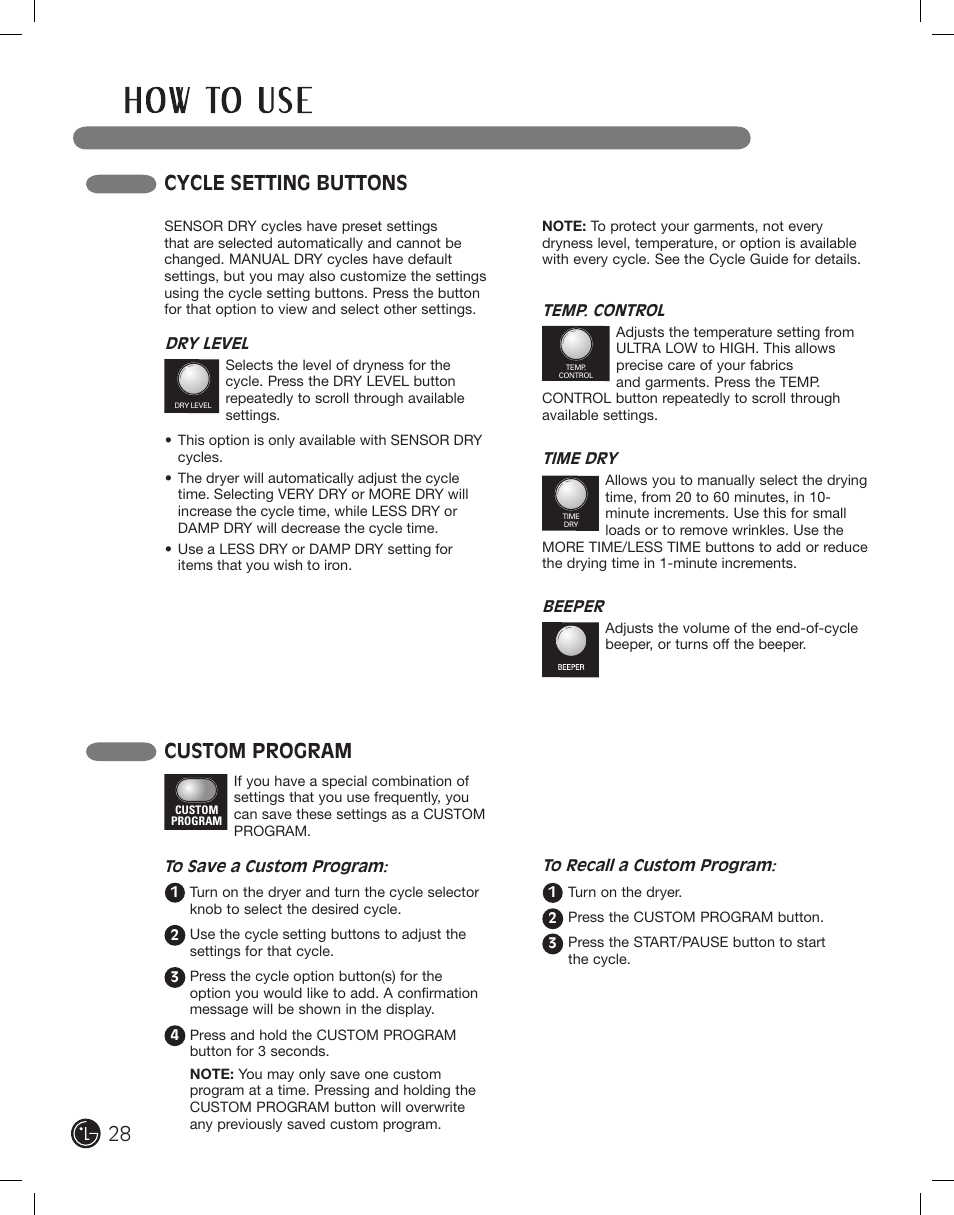 Cycle setting buttons, Custom program | LG DLE2101W User Manual | Page 28 / 112