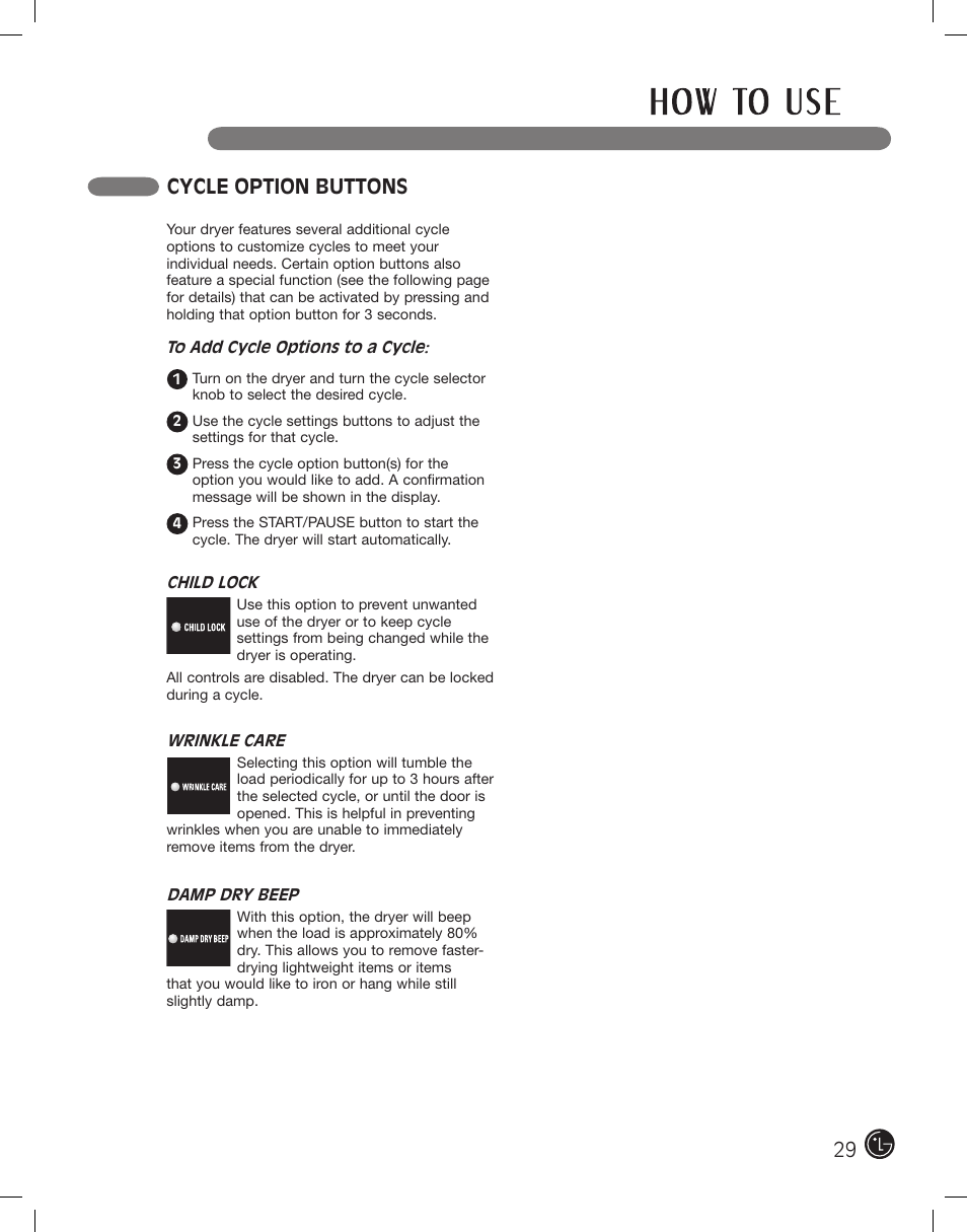 Cycle option buttons | LG DLE2101W User Manual | Page 29 / 112