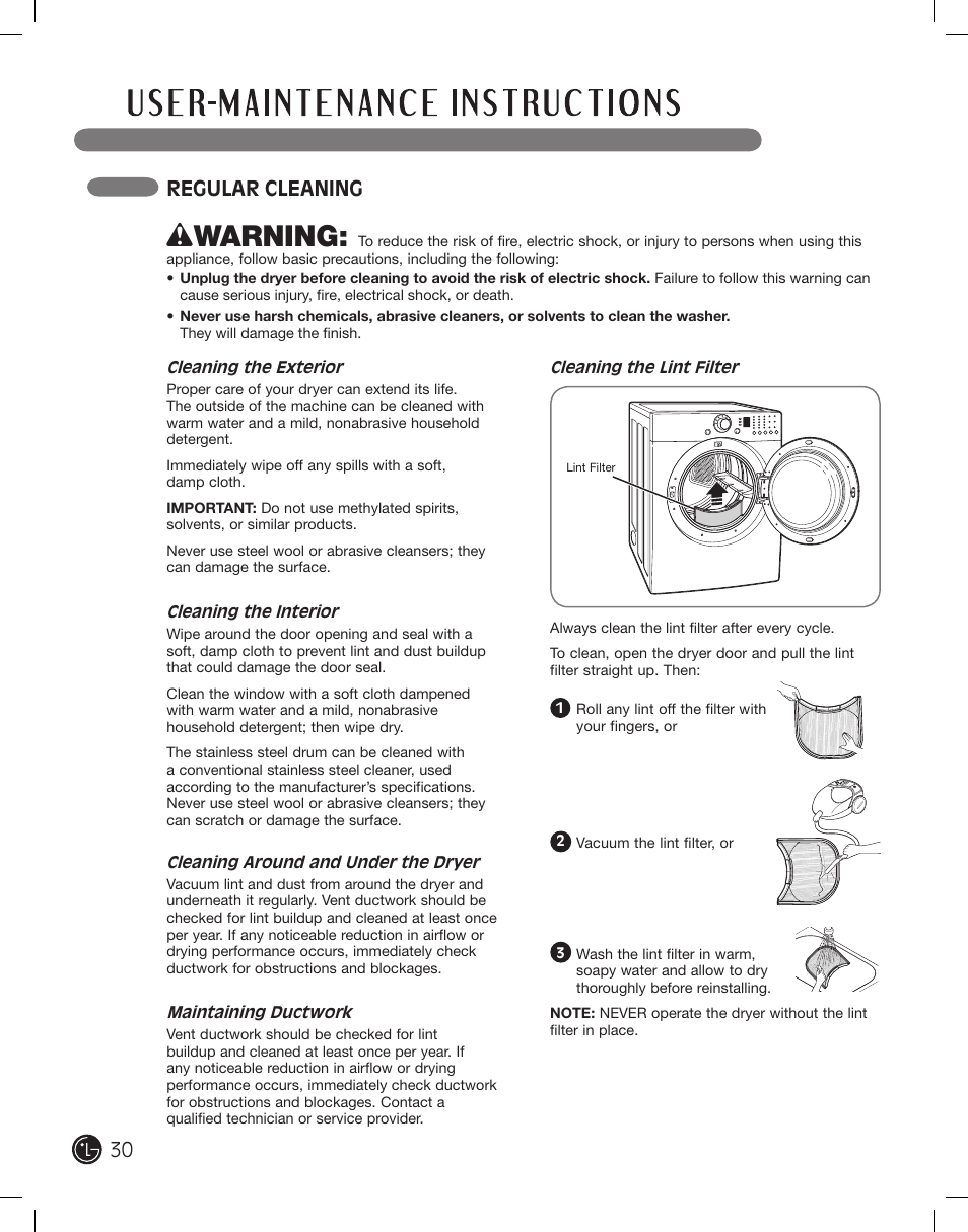 Wwarning, Regular cleaning | LG DLE2101W User Manual | Page 30 / 112