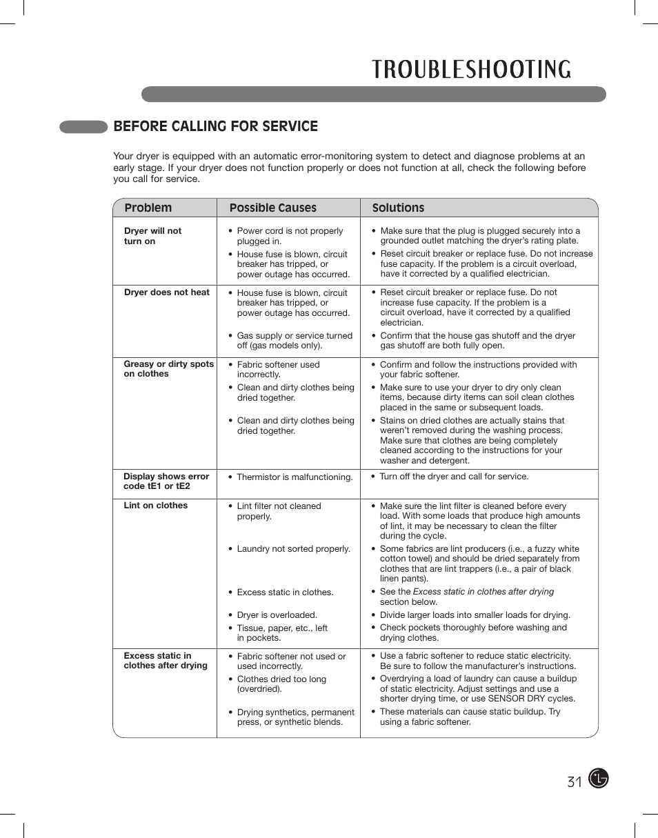 Before calling for service | LG DLE2101W User Manual | Page 31 / 112