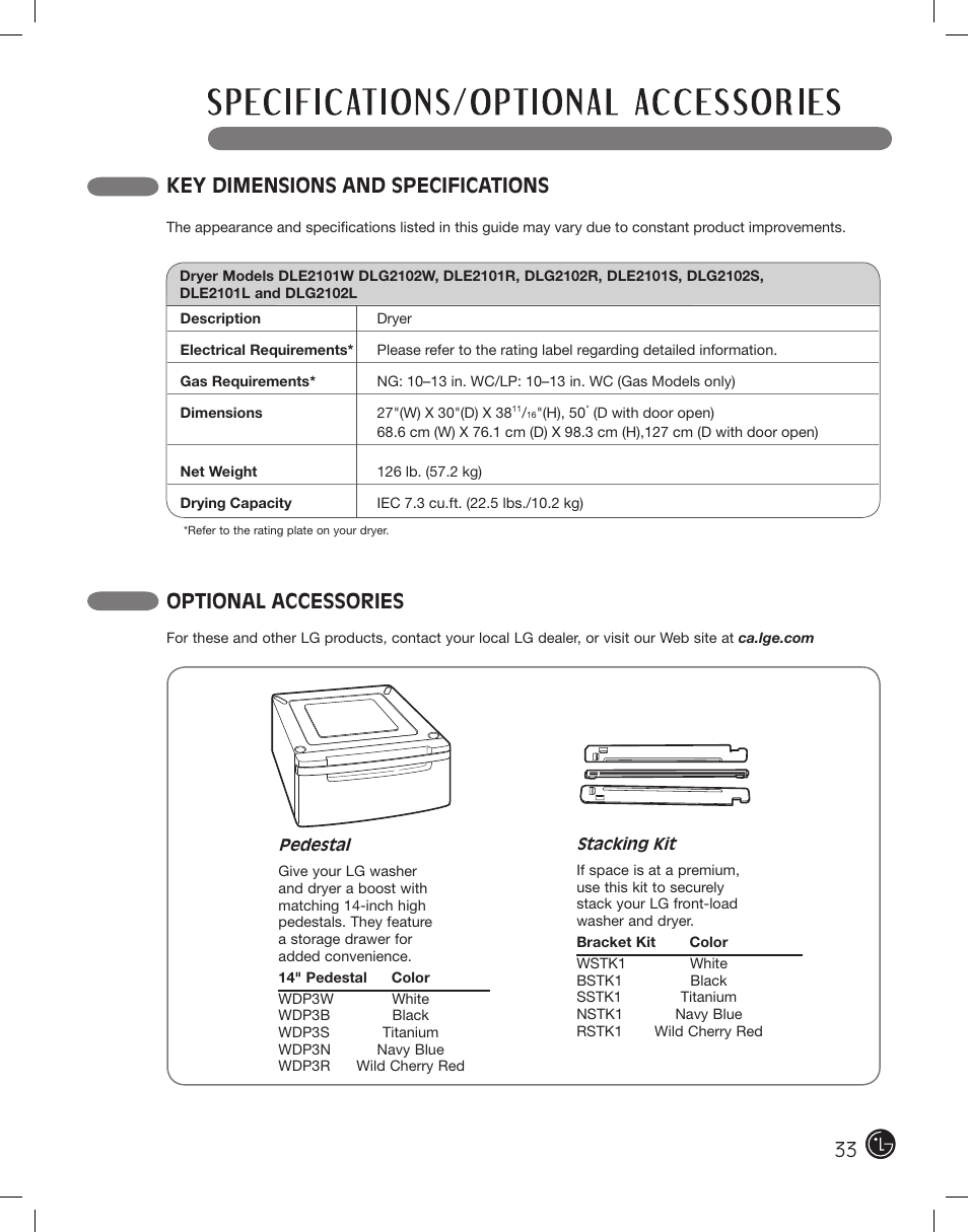 Key dimensions and specifications, Optional accessories | LG DLE2101W User Manual | Page 33 / 112