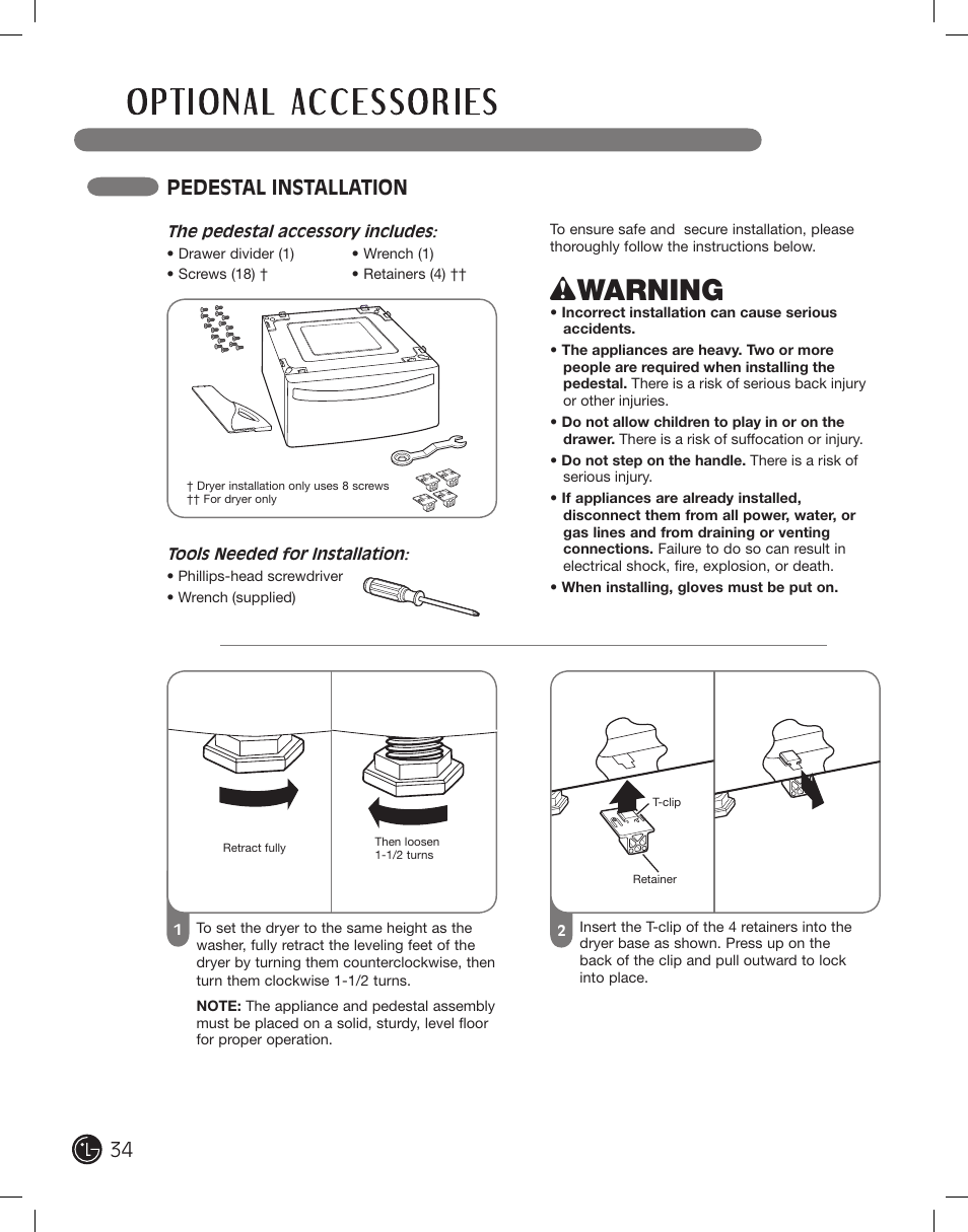 Wwarning, Pedestal installation | LG DLE2101W User Manual | Page 34 / 112