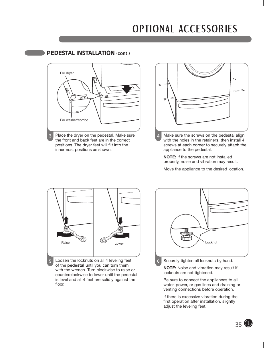 Pedestal installation | LG DLE2101W User Manual | Page 35 / 112
