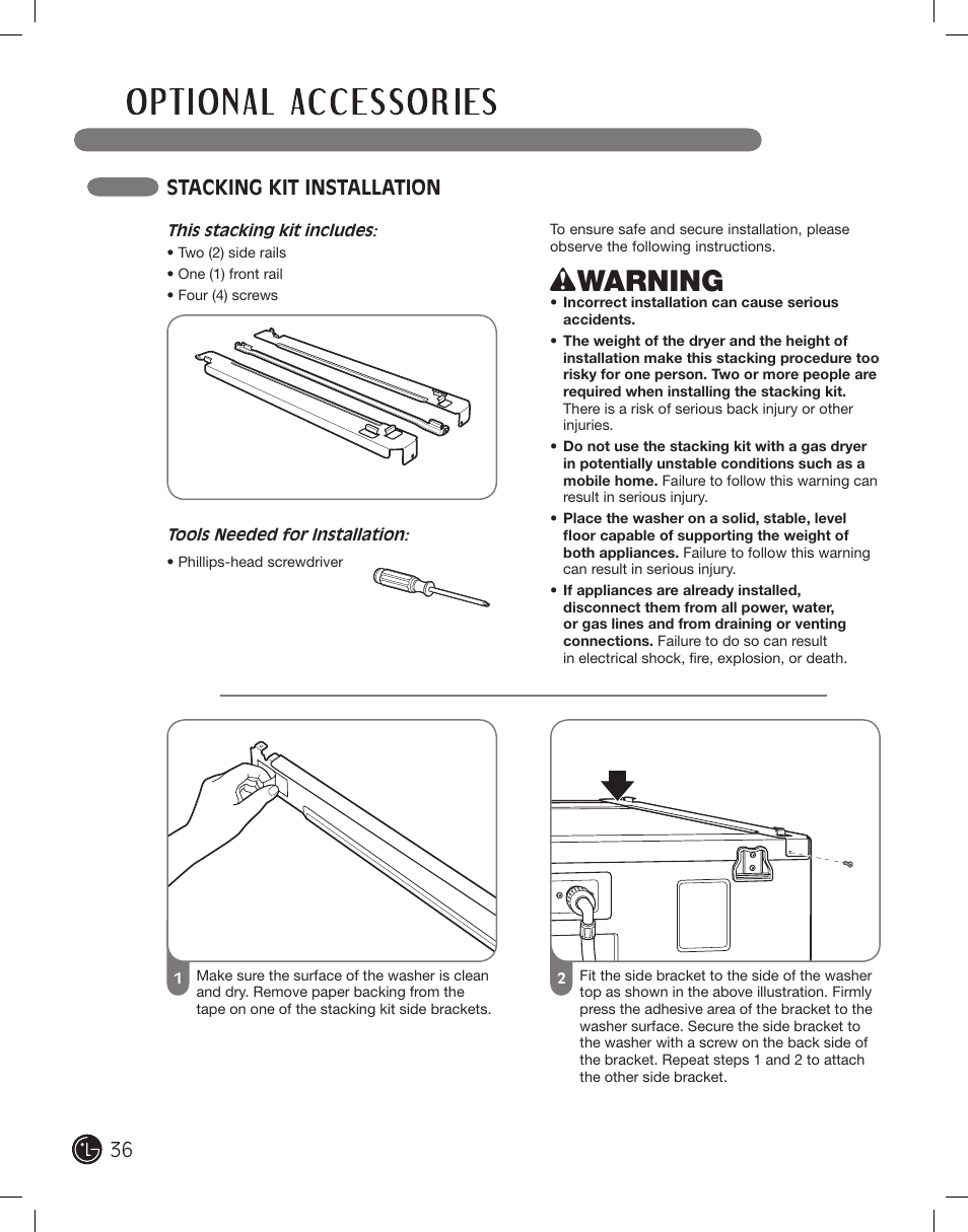 Wwarning, Stacking kit installation | LG DLE2101W User Manual | Page 36 / 112