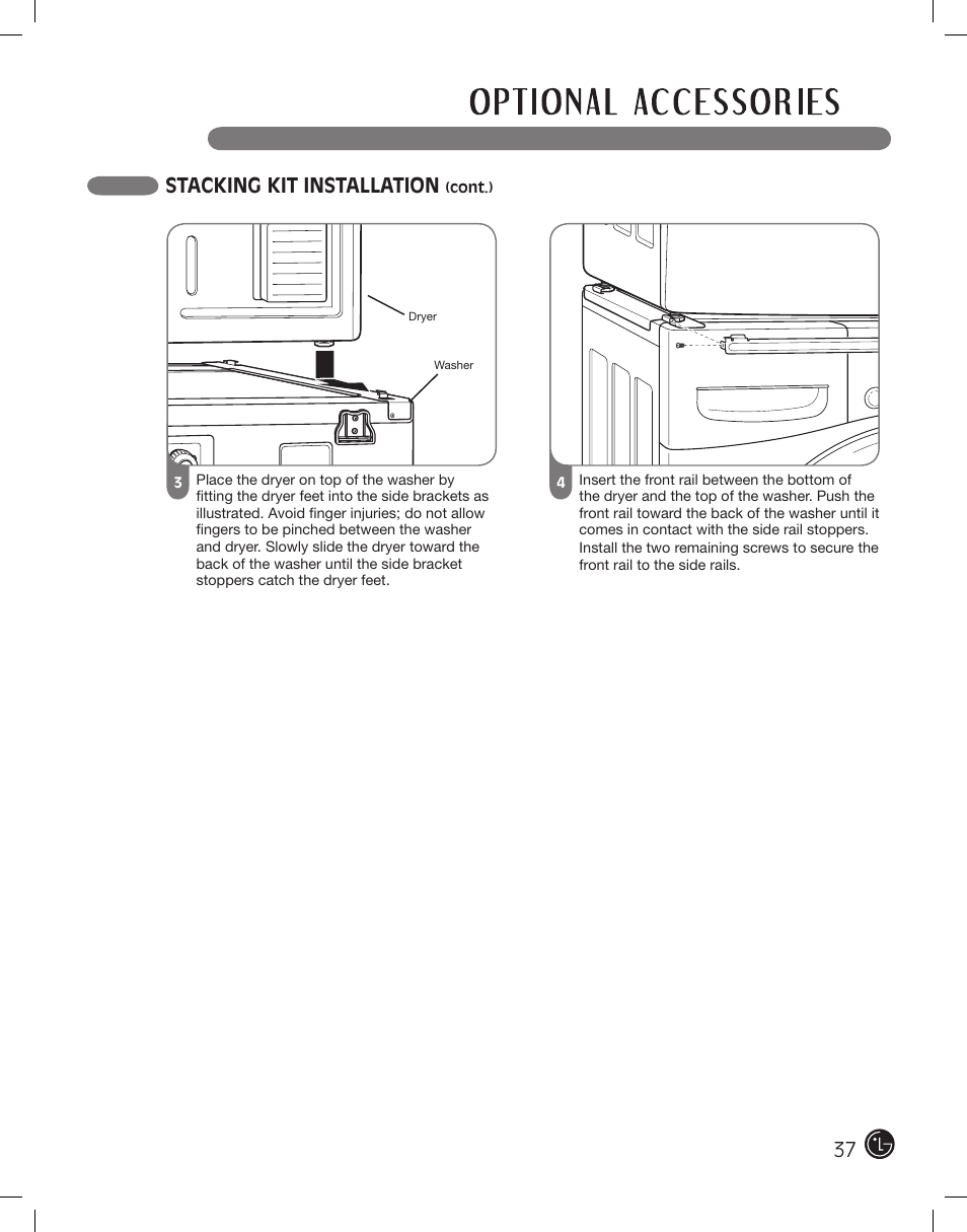 Stacking kit installation | LG DLE2101W User Manual | Page 37 / 112