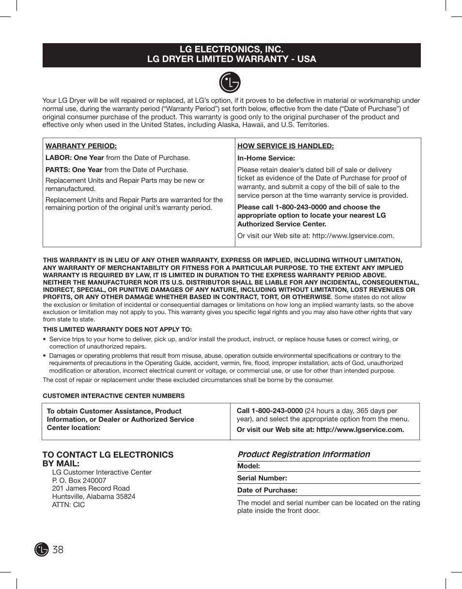 LG DLE2101W User Manual | Page 38 / 112