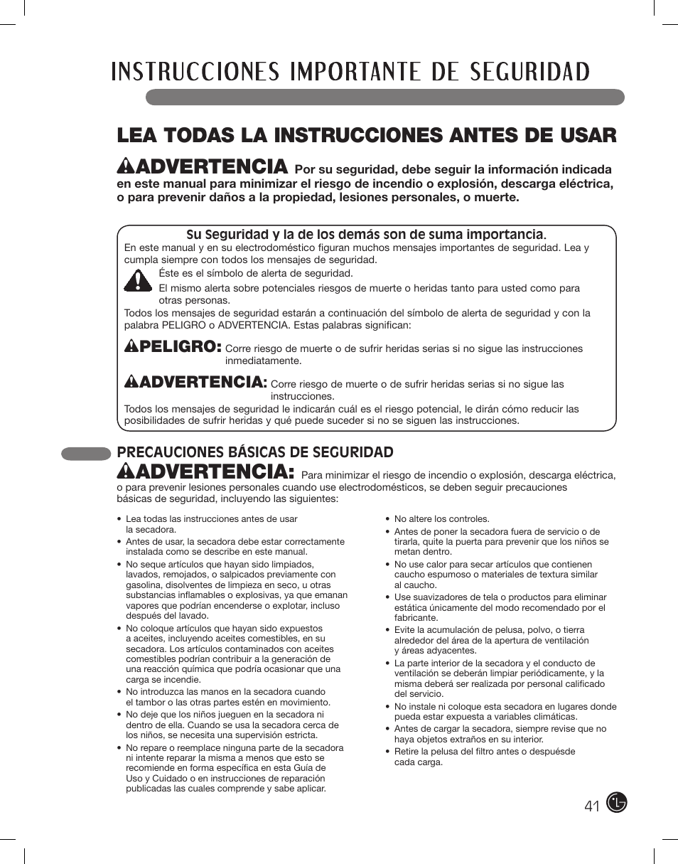 Lea todas la instrucciones antes de usar, Wpeligro, Wadvertencia | Precauciones básicas de seguridad | LG DLE2101W User Manual | Page 41 / 112