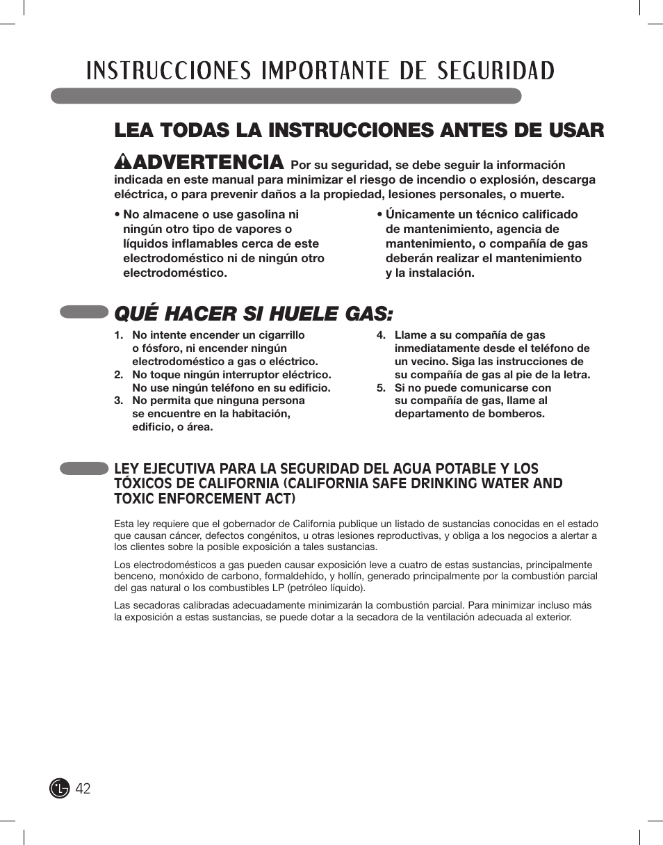 Qué hacer si huele gas | LG DLE2101W User Manual | Page 42 / 112