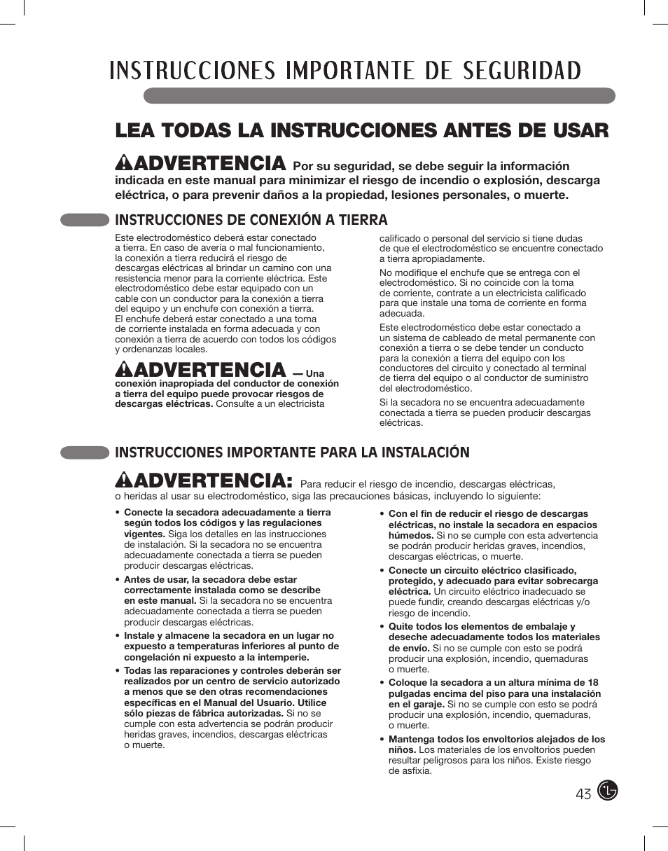 Lea todas la instrucciones antes de usar, Wadvertencia, Instrucciones de conexión a tierra | Instrucciones importante para la instalación | LG DLE2101W User Manual | Page 43 / 112