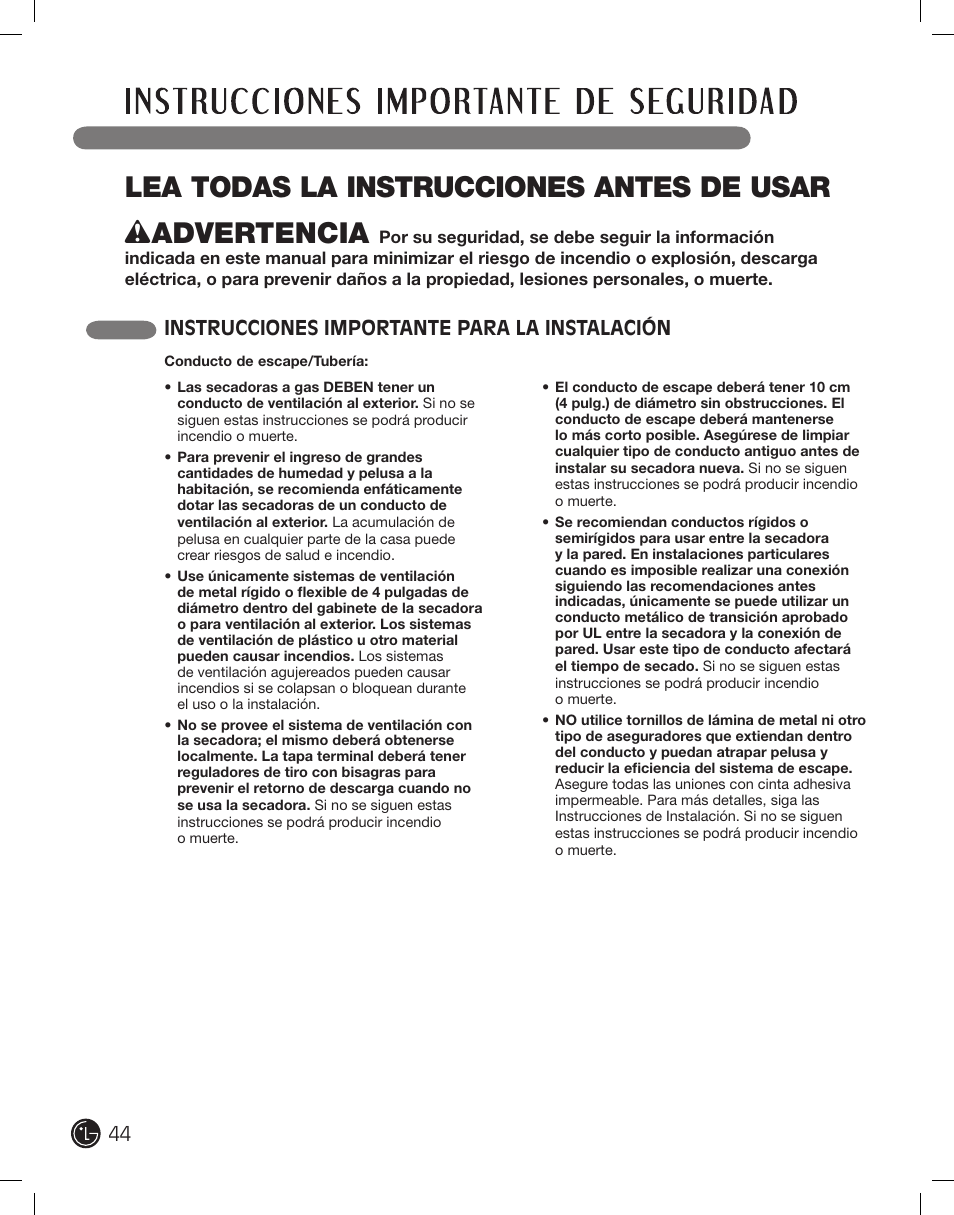 Instrucciones importante para la instalación | LG DLE2101W User Manual | Page 44 / 112