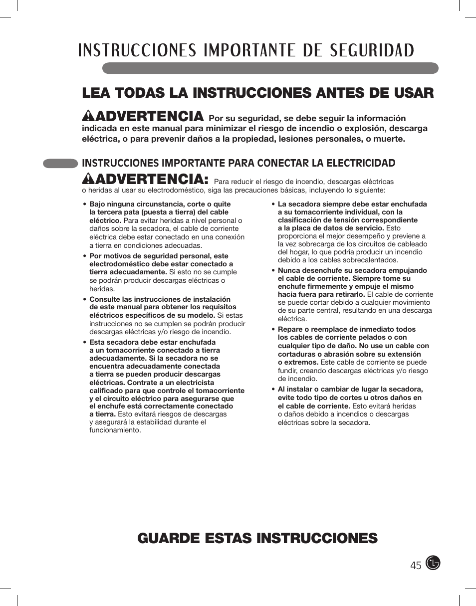 Guarde estas instrucciones, Wadvertencia | LG DLE2101W User Manual | Page 45 / 112