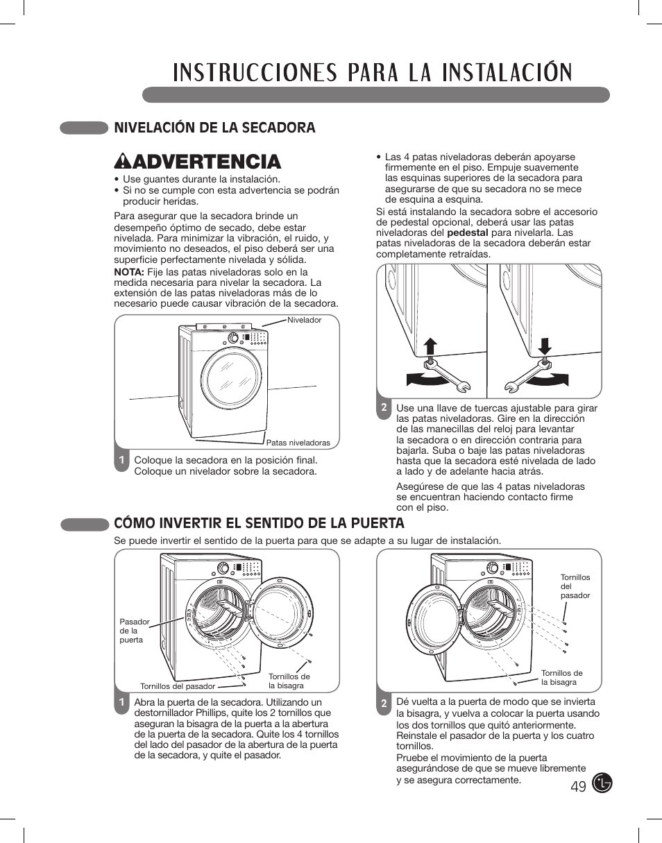Wadvertencia, Cómo invertir el sentido de la puerta, Nivelación de la secadora | LG DLE2101W User Manual | Page 49 / 112
