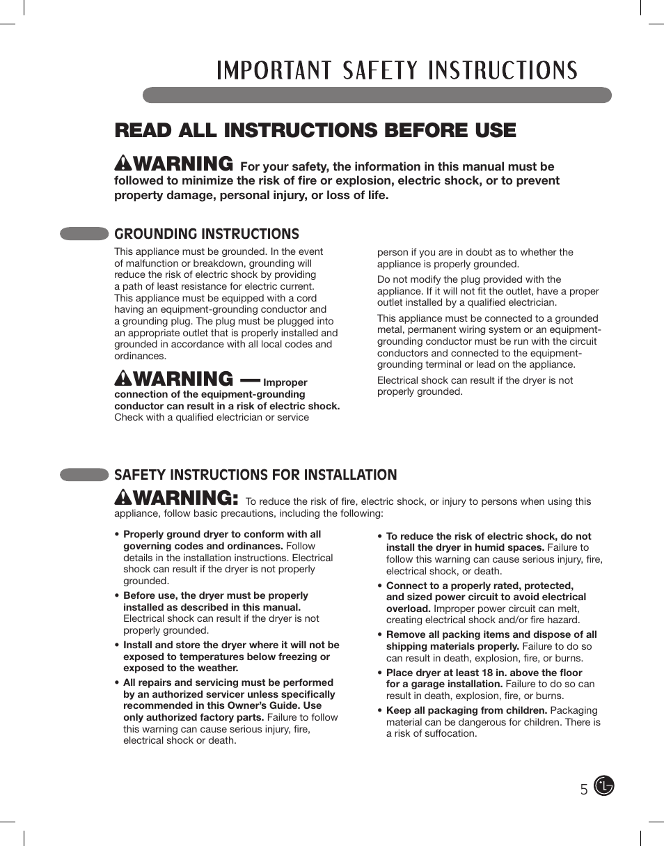 Wwarning, Read all instructions before use, Grounding instructions | Safety instructions for installation | LG DLE2101W User Manual | Page 5 / 112