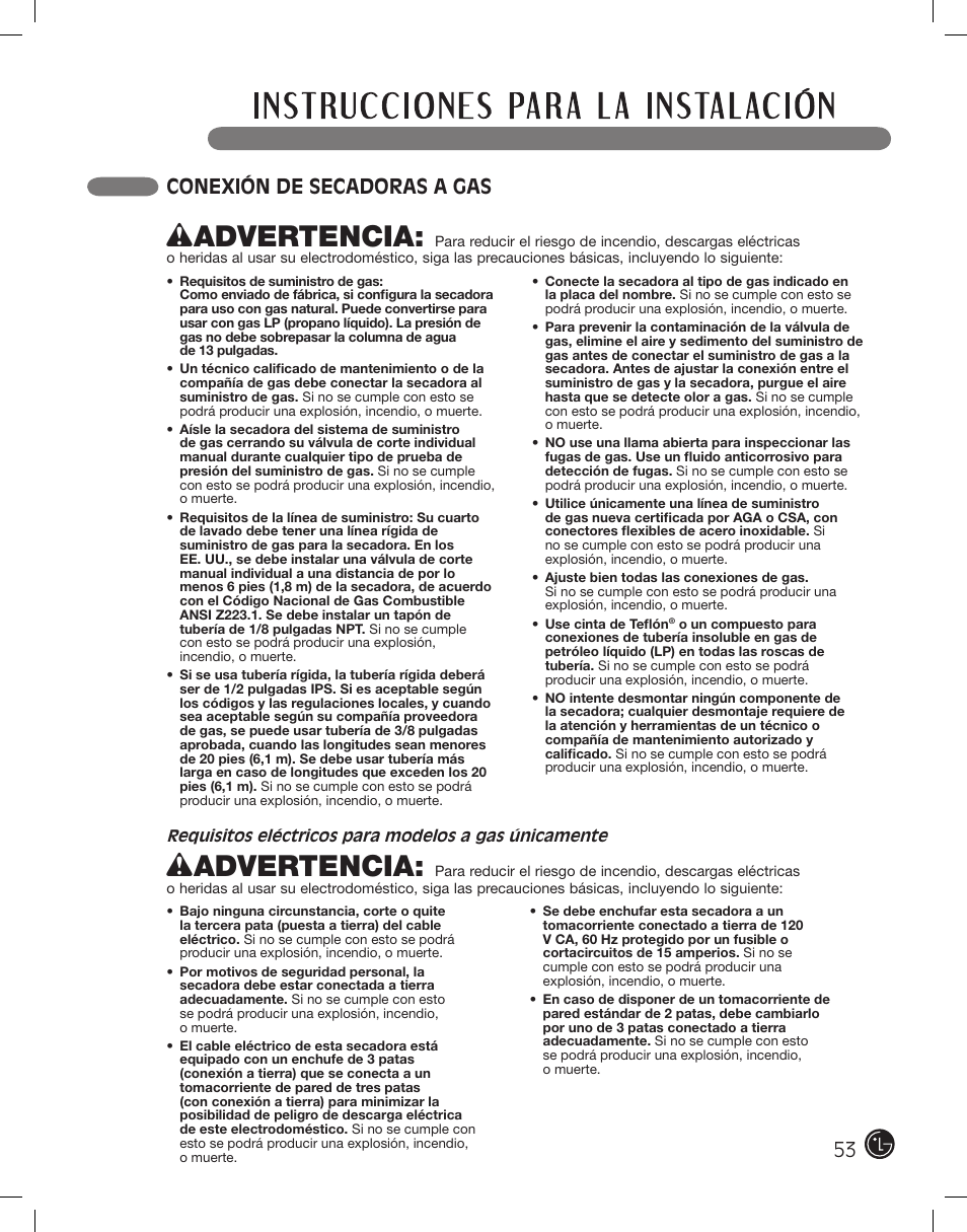 Wadvertencia, 53 conexión de secadoras a gas | LG DLE2101W User Manual | Page 53 / 112