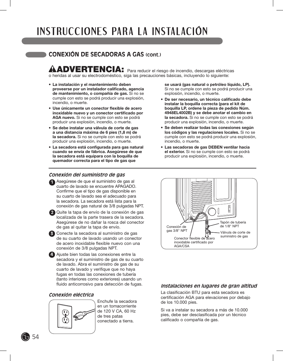 Wadvertencia, Conexión de secadoras a gas | LG DLE2101W User Manual | Page 54 / 112