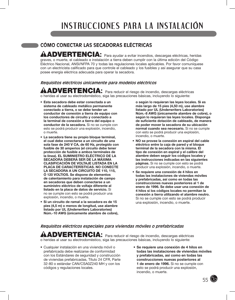 Wadvertencia, Cómo conectar las secadoras eléctricas | LG DLE2101W User Manual | Page 55 / 112