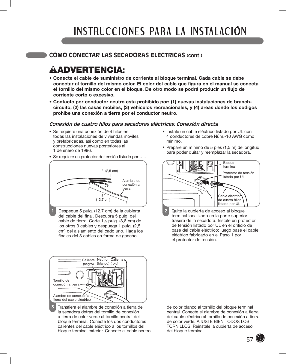 Wadvertencia, Cómo conectar las secadoras eléctricas | LG DLE2101W User Manual | Page 57 / 112