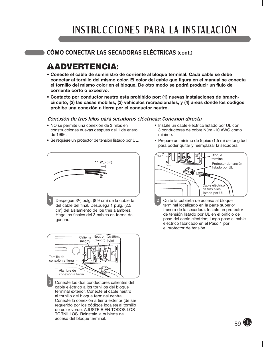 Wadvertencia, Cómo conectar las secadoras eléctricas | LG DLE2101W User Manual | Page 59 / 112