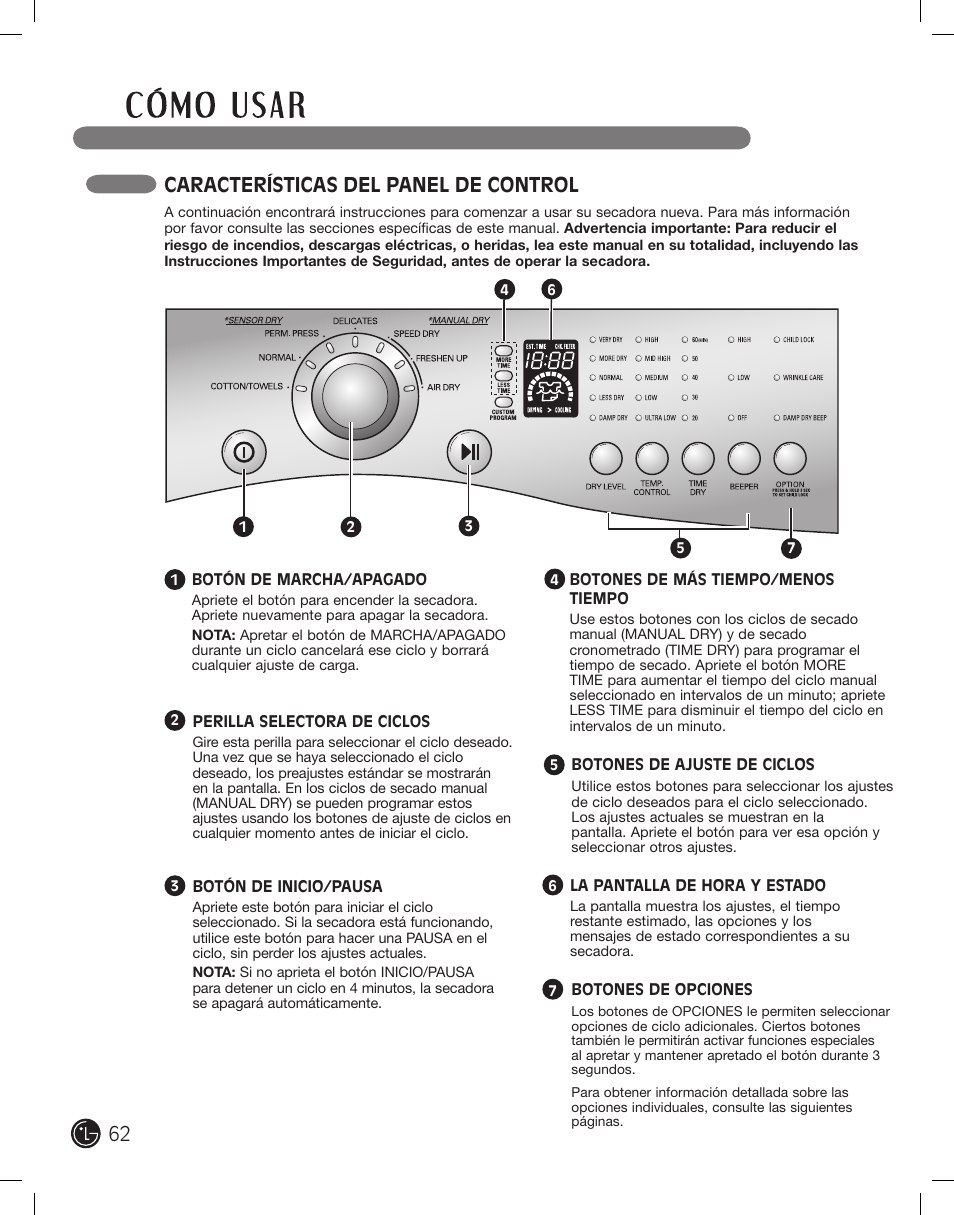 Características del panel de control | LG DLE2101W User Manual | Page 62 / 112