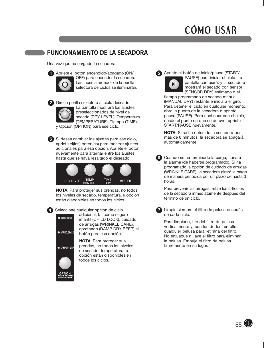 Funcionamiento de la secadora | LG DLE2101W User Manual | Page 65 / 112