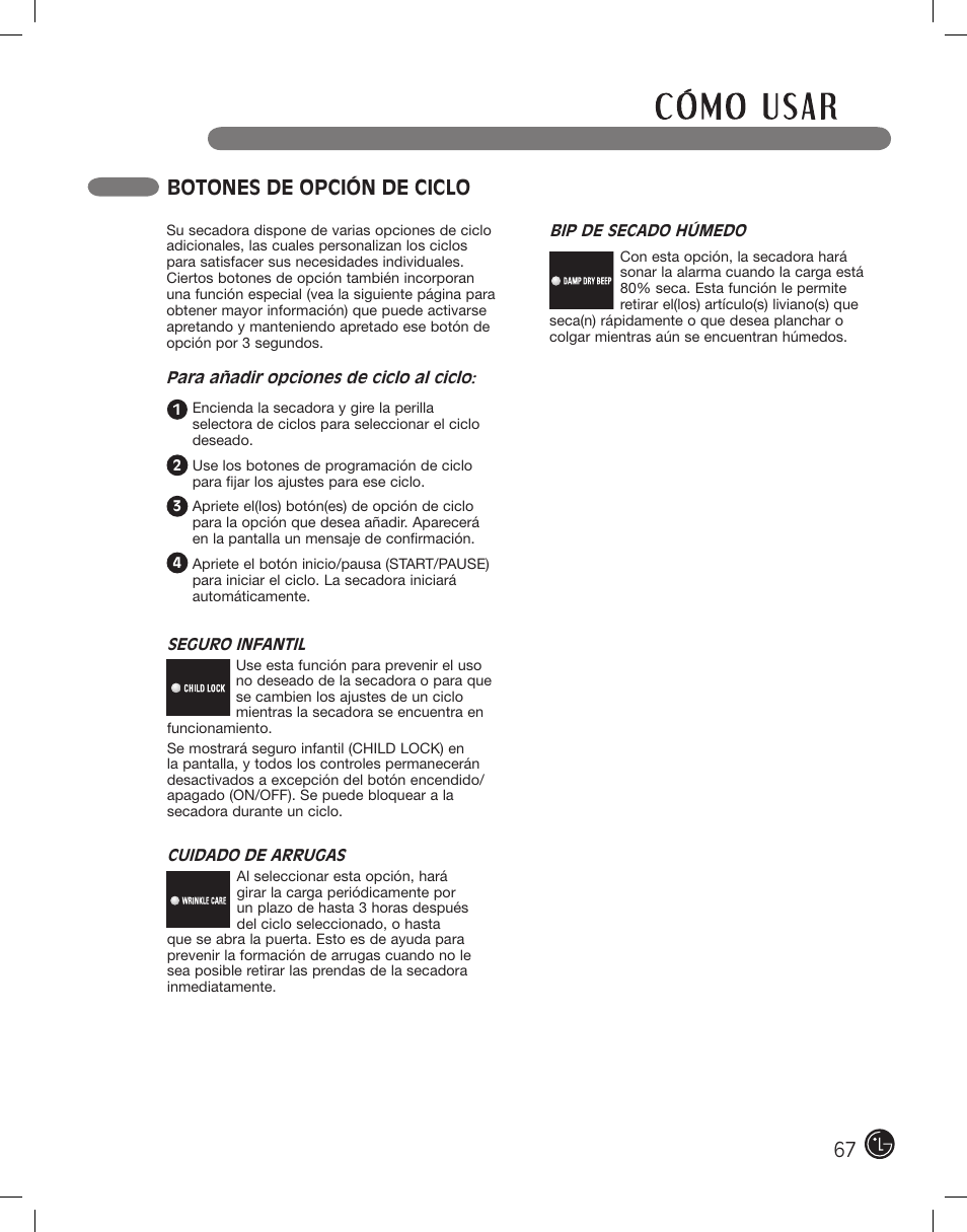 Botones de opción de ciclo | LG DLE2101W User Manual | Page 67 / 112