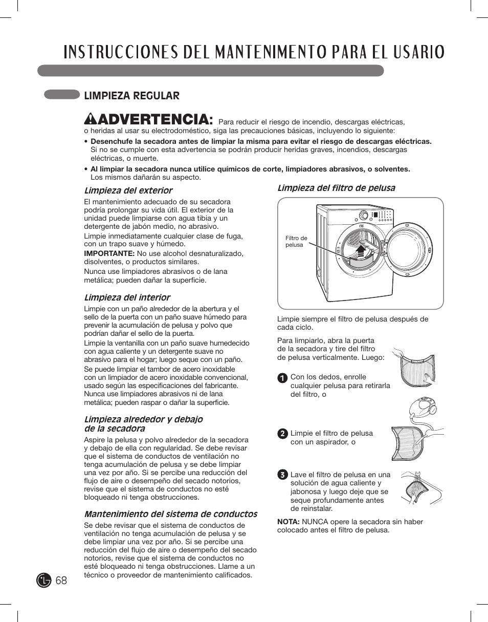 Wadvertencia, Limpieza regular | LG DLE2101W User Manual | Page 68 / 112