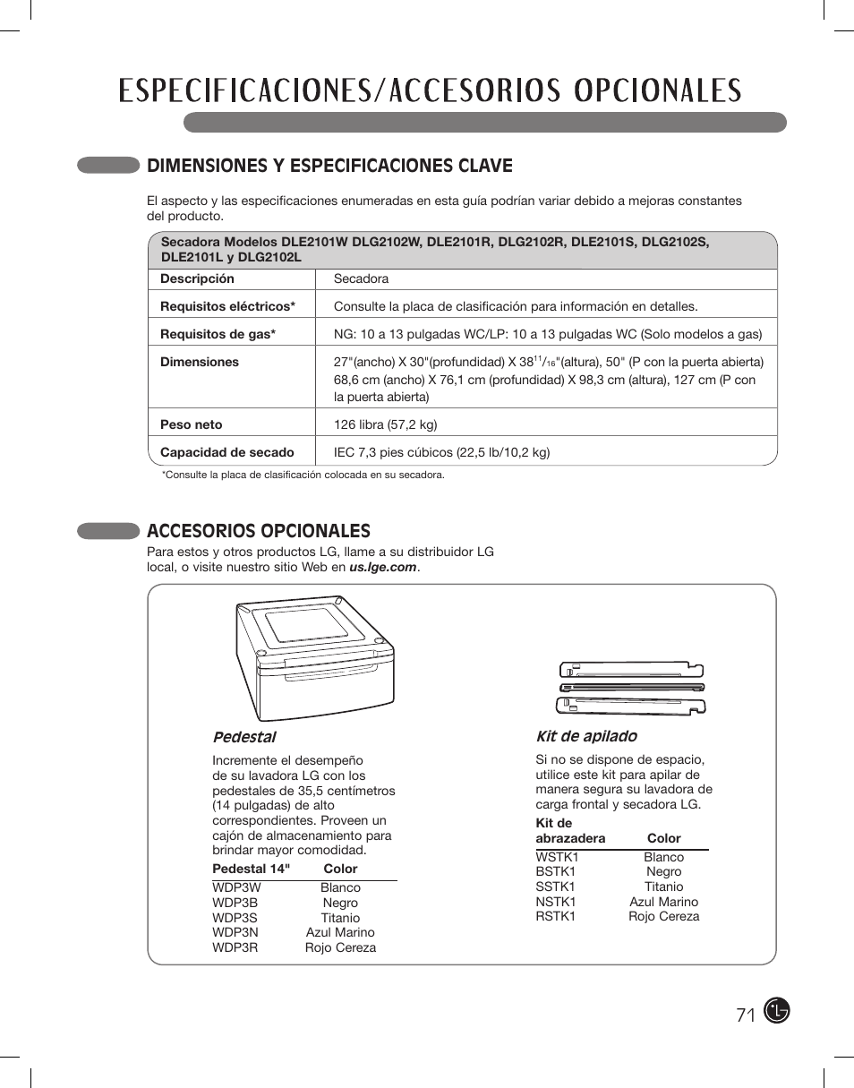 Dimensiones y especificaciones clave, Accesorios opcionales | LG DLE2101W User Manual | Page 71 / 112