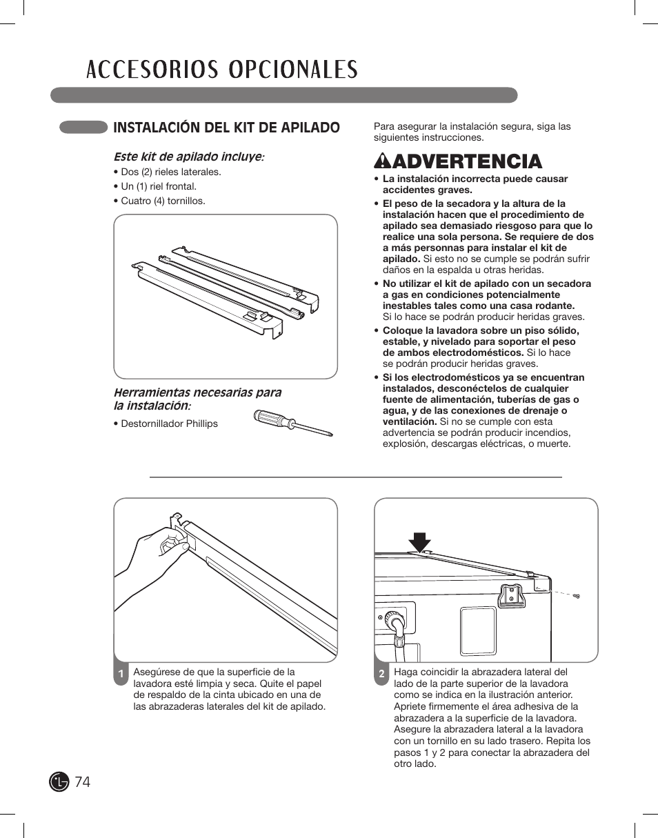Wadvertencia, Instalación del kit de apilado | LG DLE2101W User Manual | Page 74 / 112