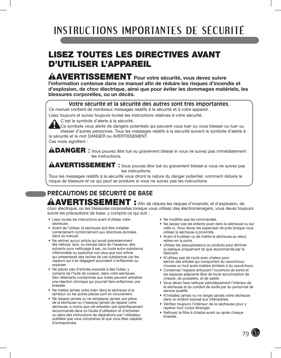 Wavertissement, Wdanger, Précautions de sécurité de base | LG DLE2101W User Manual | Page 79 / 112
