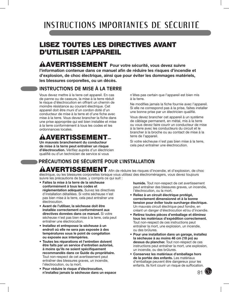 Wavertissement | LG DLE2101W User Manual | Page 81 / 112