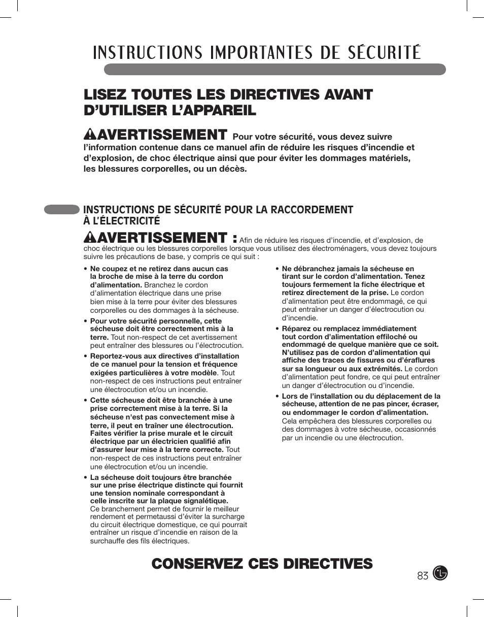 Conservez ces directives, Wavertissement | LG DLE2101W User Manual | Page 83 / 112