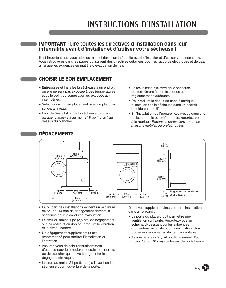 Choisir le bon emplacement, Dégagements | LG DLE2101W User Manual | Page 85 / 112