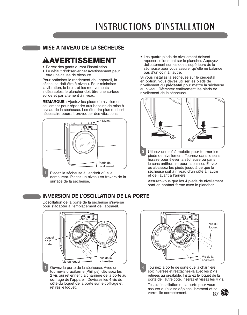 Wavertissement, Inversion de l’oscillation de la porte, Mise à niveau de la sécheuse | LG DLE2101W User Manual | Page 87 / 112
