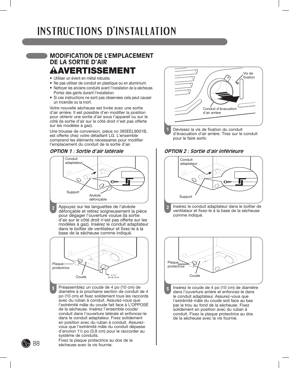 Wavertissement, Modification de l’emplacement de la sortie d’air | LG DLE2101W User Manual | Page 88 / 112