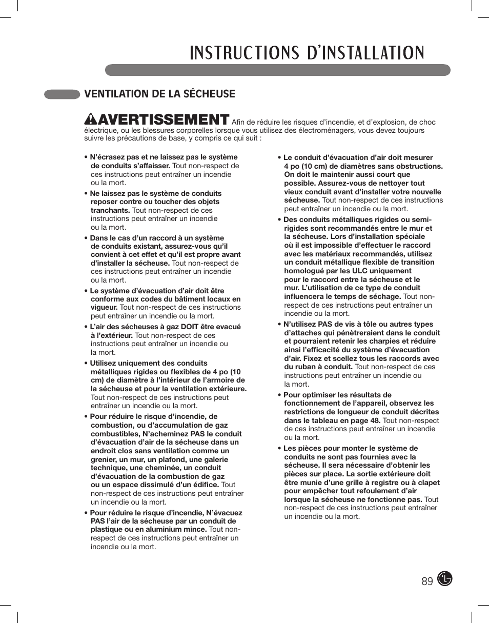 Wavertissement, Ventilation de la sécheuse | LG DLE2101W User Manual | Page 89 / 112
