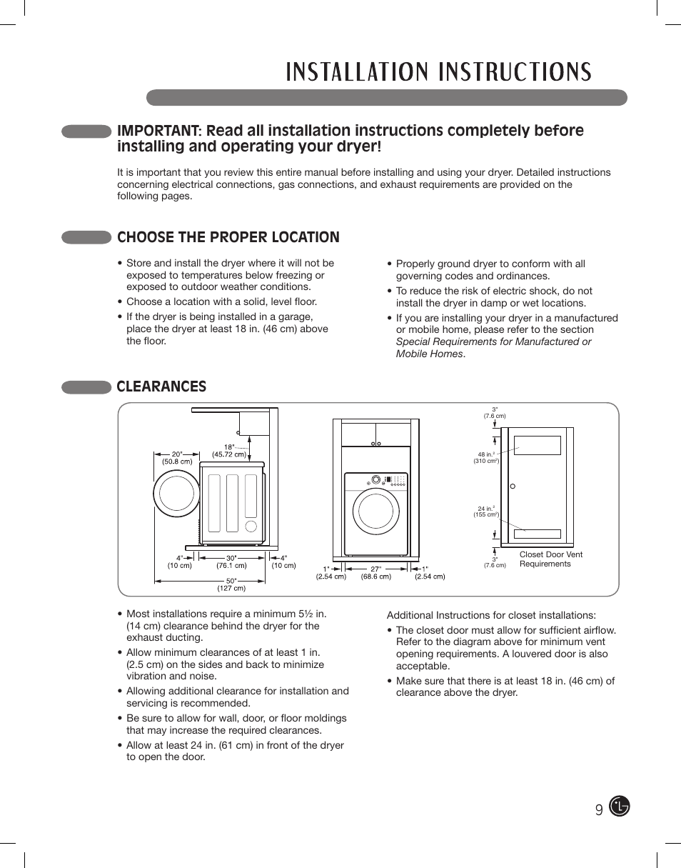 Choose the proper location, Clearances | LG DLE2101W User Manual | Page 9 / 112