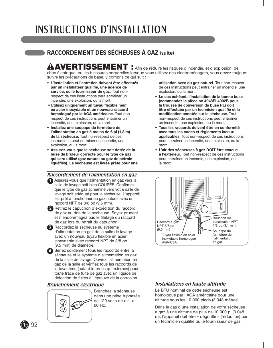 Wavertissement, 92 raccordement des sécheuses à gaz | LG DLE2101W User Manual | Page 92 / 112